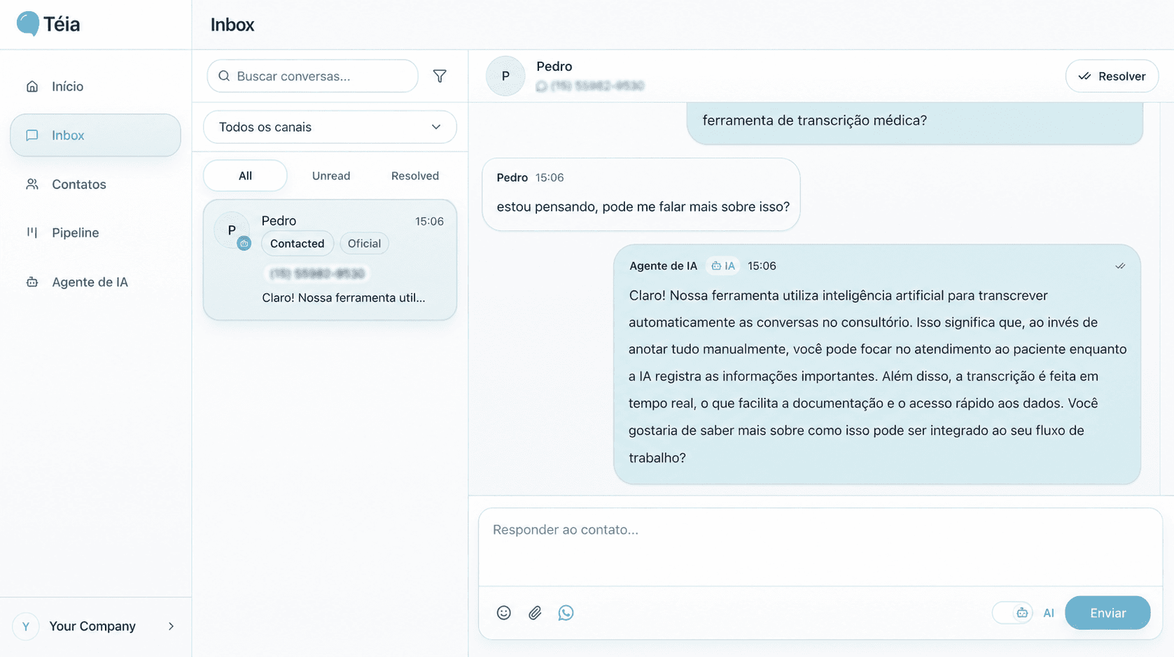 Inbox da Téia com uma conversa de WhatsApp respondida pelo agente de IA